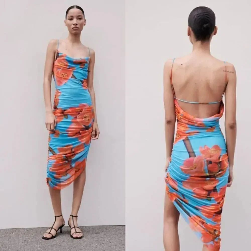 Zara Printed Draped Tulle Dress S NWT